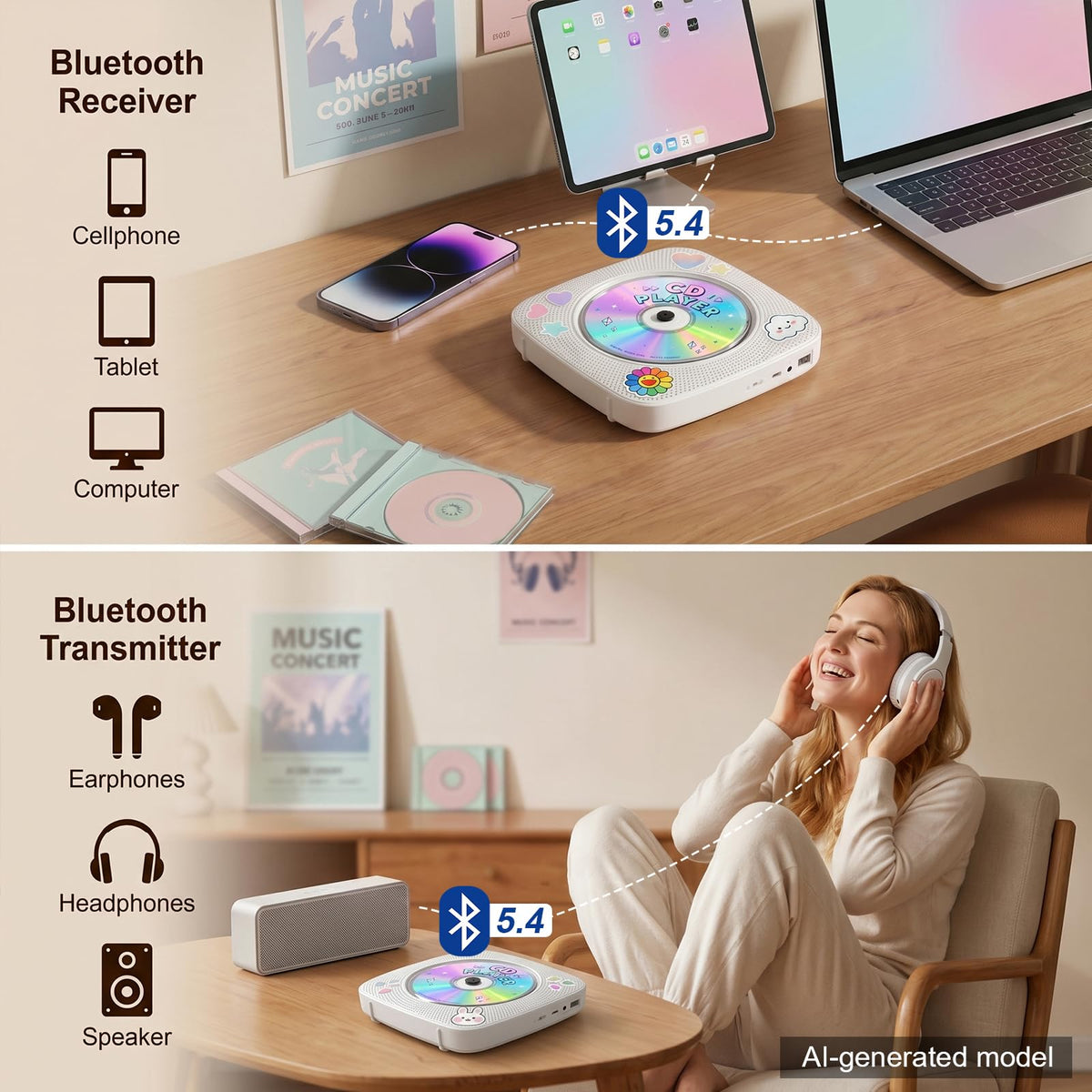 Gueray open disc tray with CD loaded showing reliable disc playback benefit