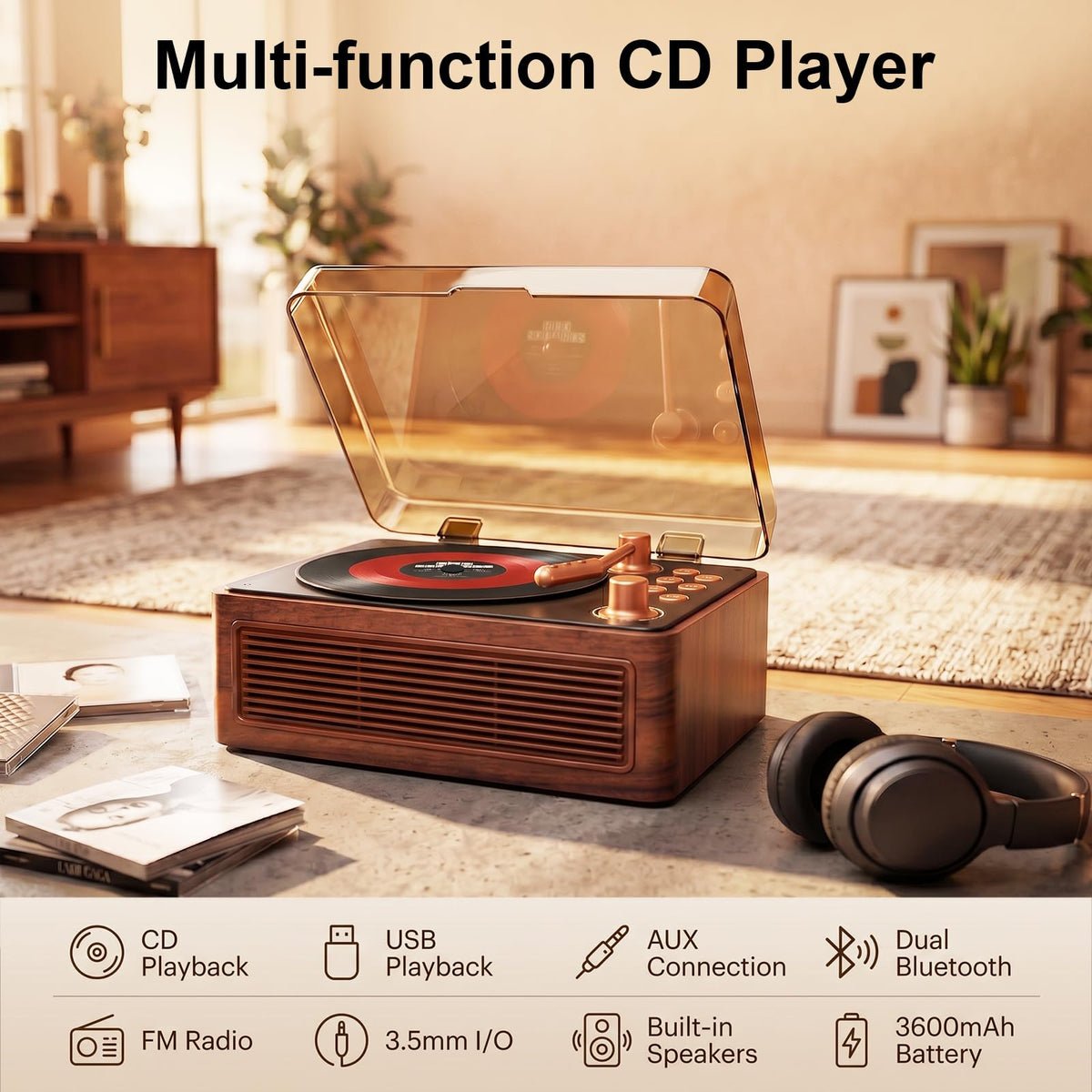 Gueray open top with CD tray and dust cover protecting discs and ensuring clean playback