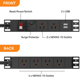 GUITK 10in Rack PDU back view highlights 4 rear outlets for organized cabling.