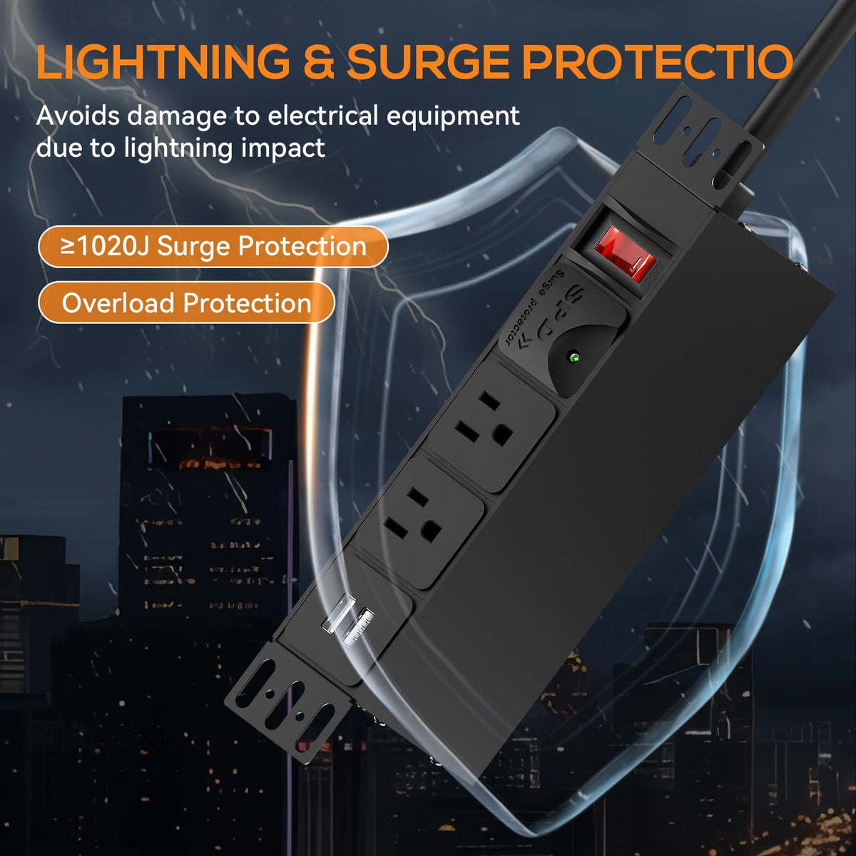 GUITK 10in Rack PDU surge protection 1020J guards equipment from spikes.