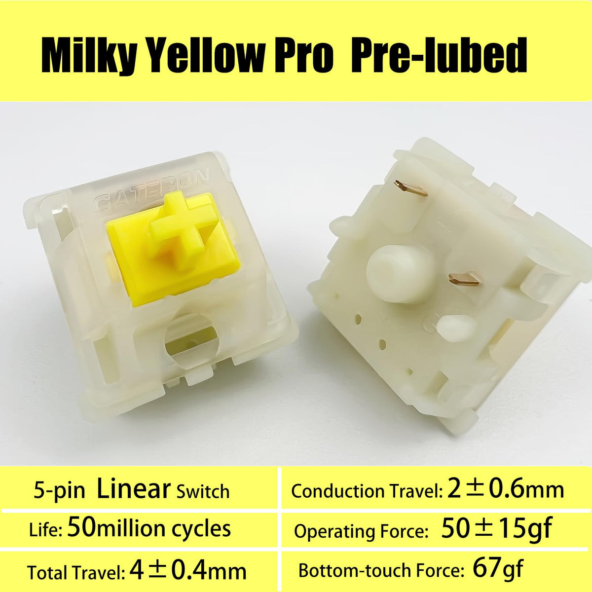 GUYEKS Gateron Milky Yellow Pro V2 switch pack closeup with visible factory lubrication.