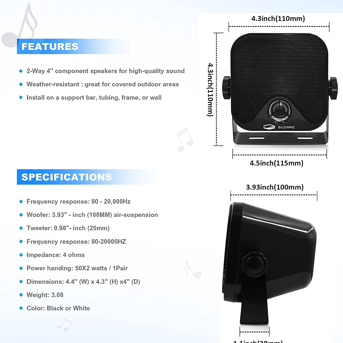 GUZARE speaker close-up of housing showing UV-coated finish benefit