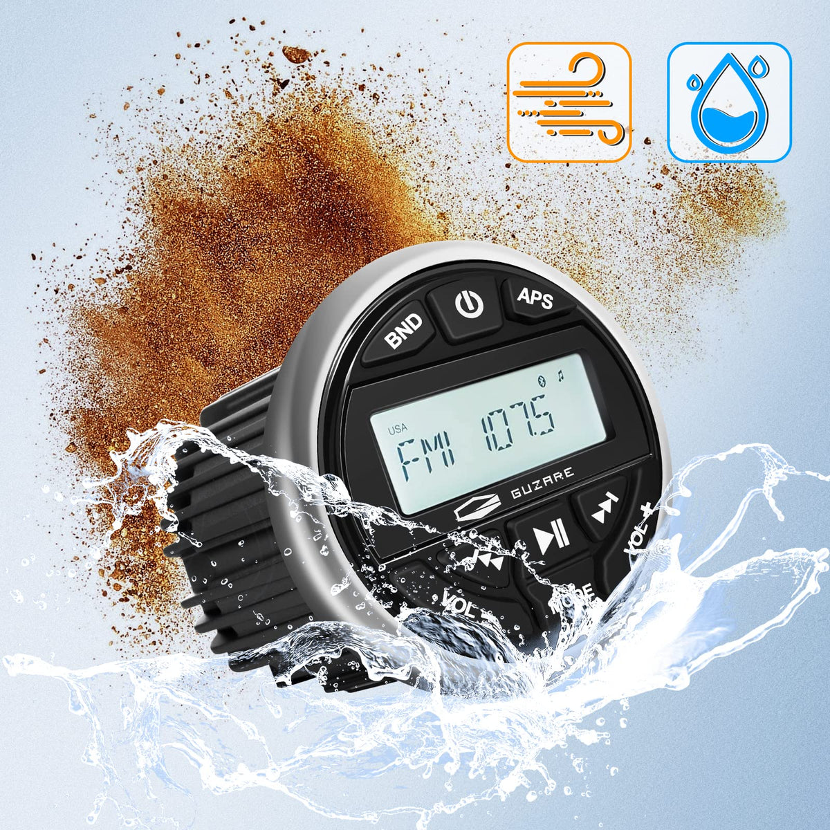 GUZARE marine radio supports wireless streaming and USB charging.