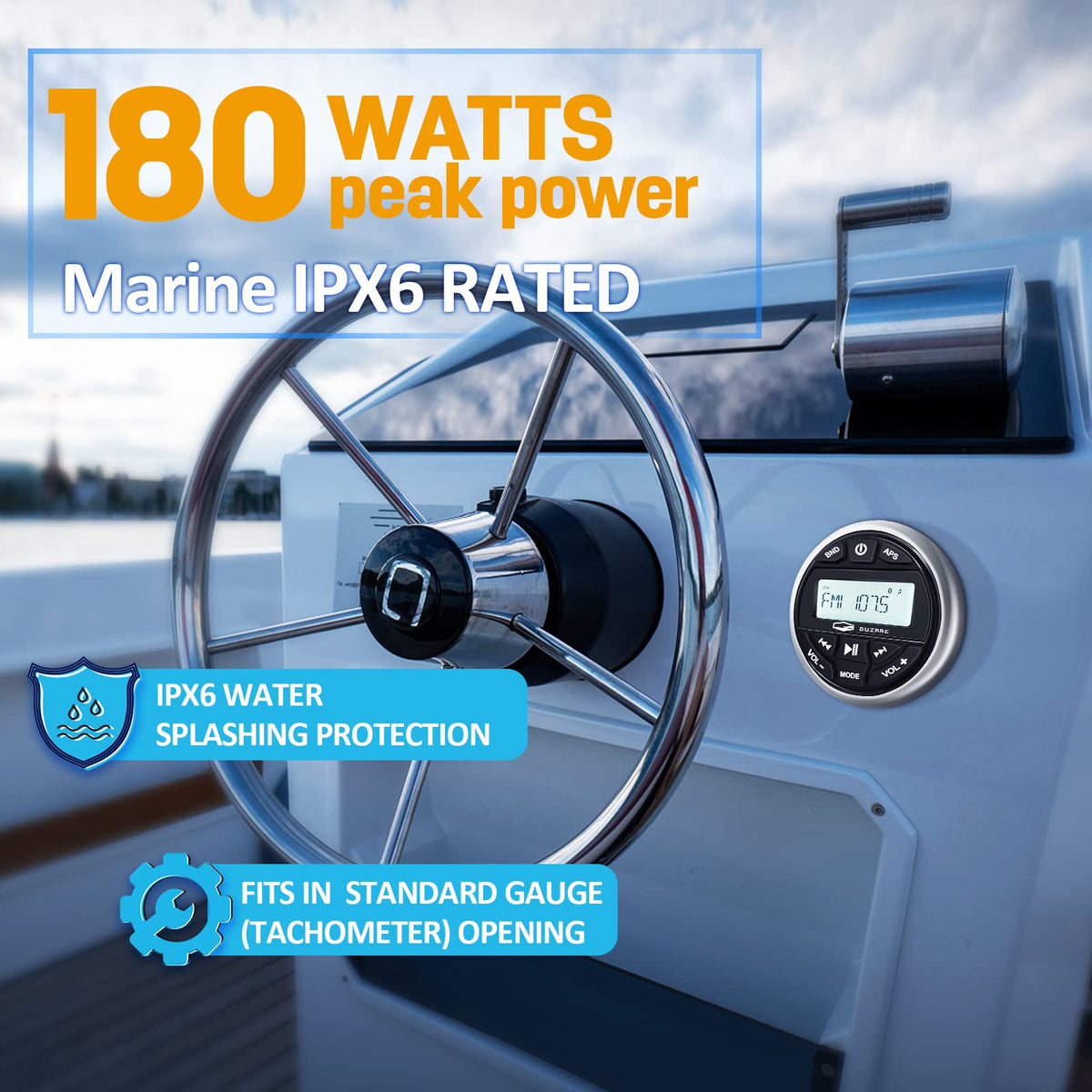 GUZARE waterproof marine stereo with IP66 protection for rugged use.