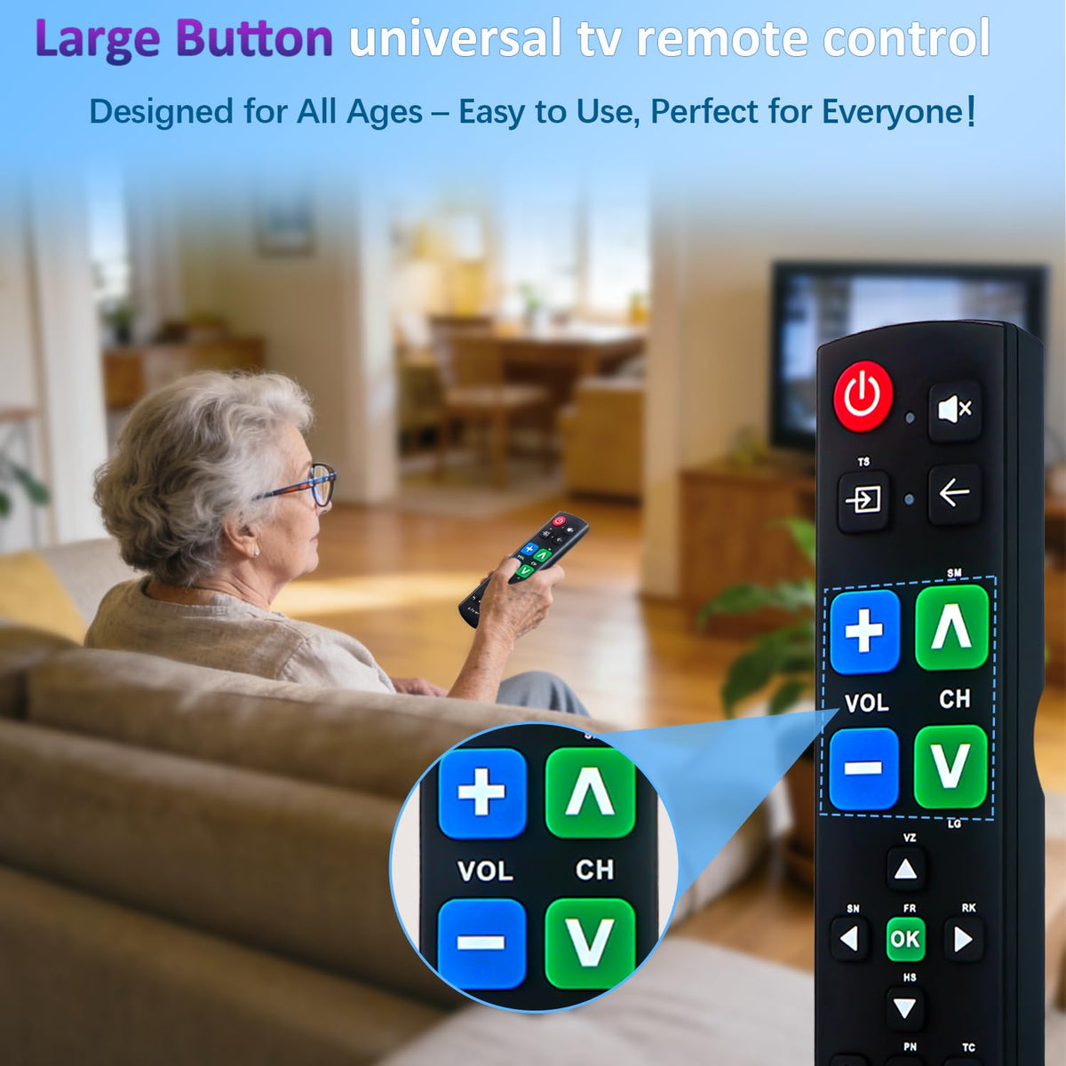 Gvirtue big-button remote buttons close-up for senior use.