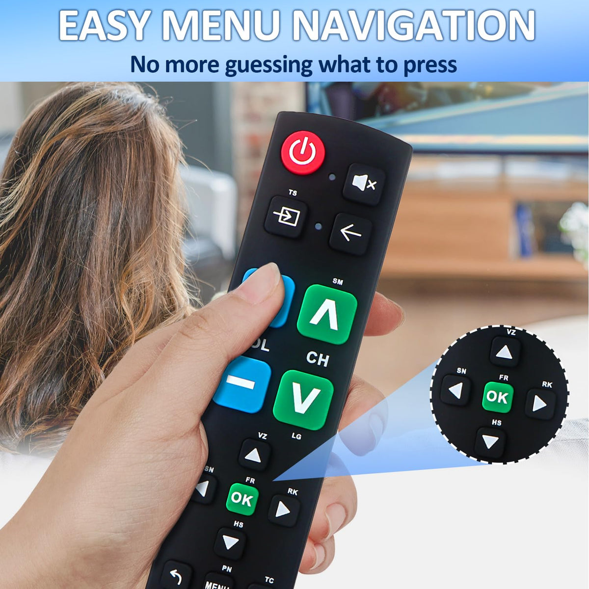 Gvirtue remote enter button close-up highlights oversized tactile control.