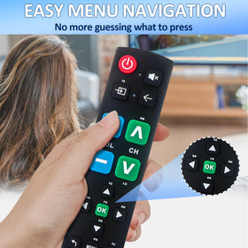 Gvirtue remote enter button close-up highlights oversized tactile control.