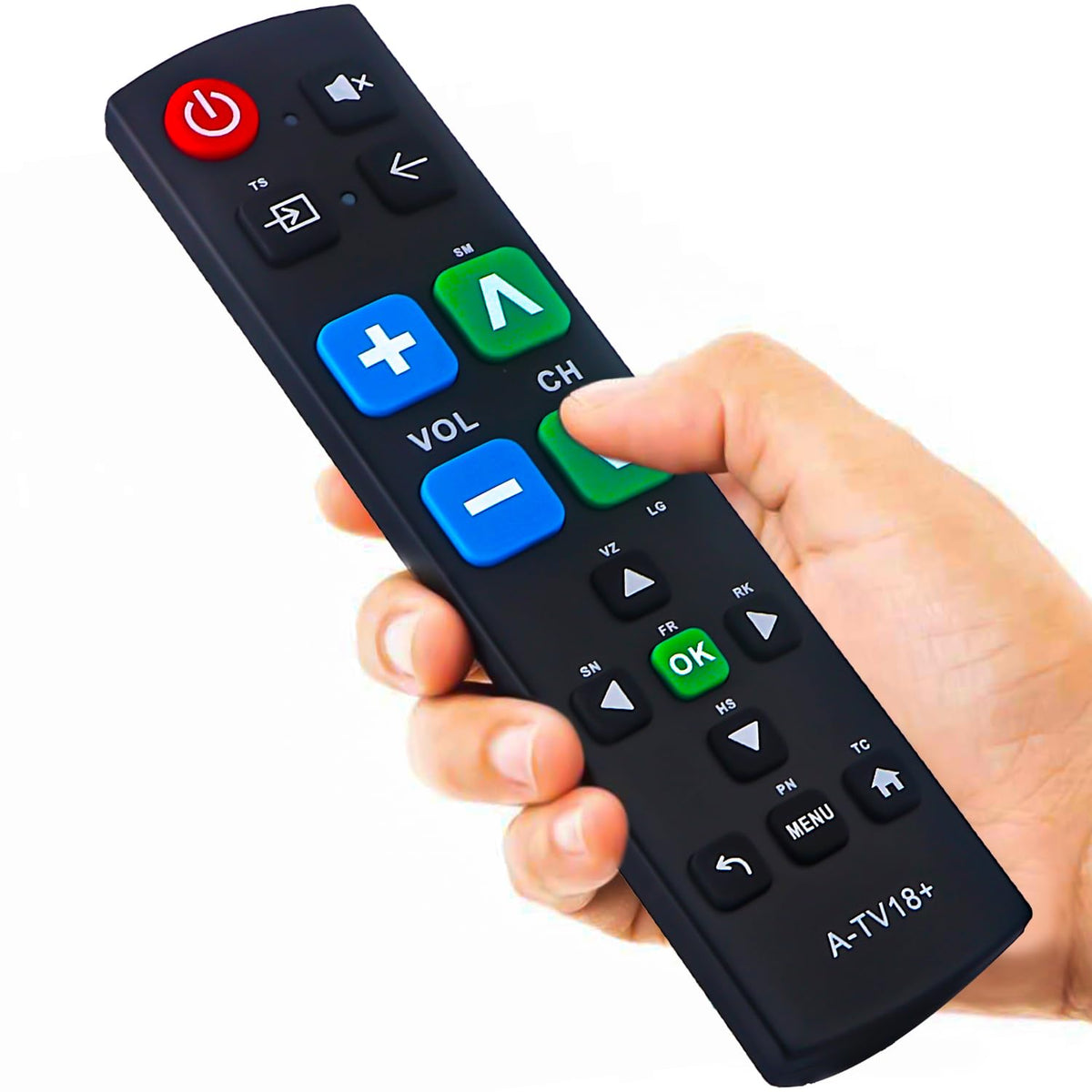 Gvirtue big-button remote front view supports easy TV control.