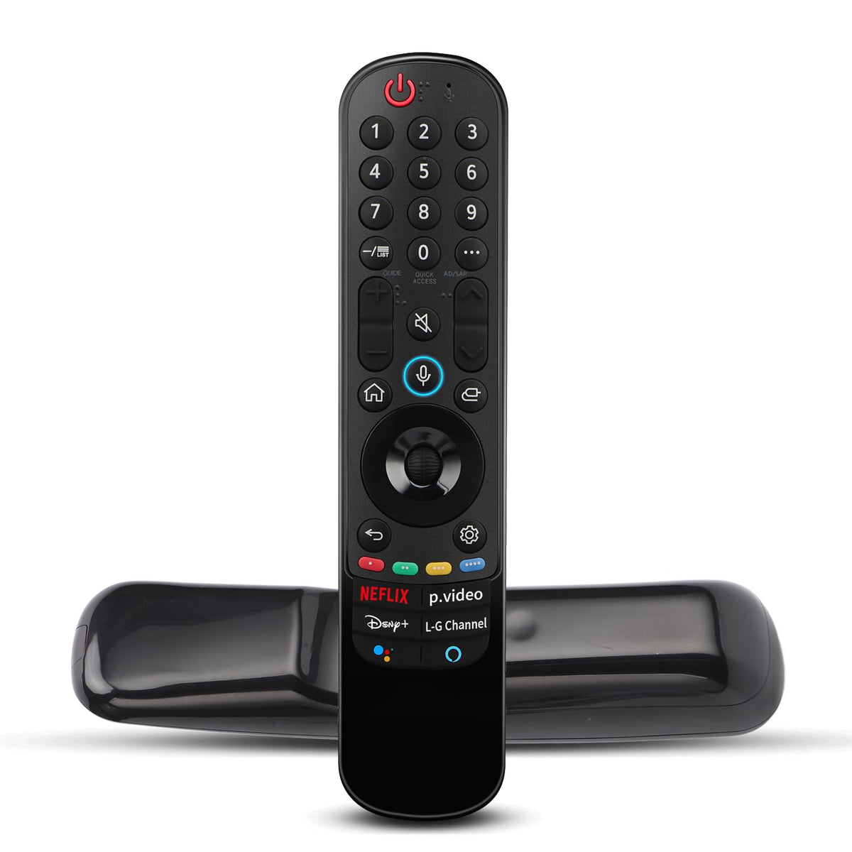 Gvirtue front view of remote showing full button layout and quick replacement benefit