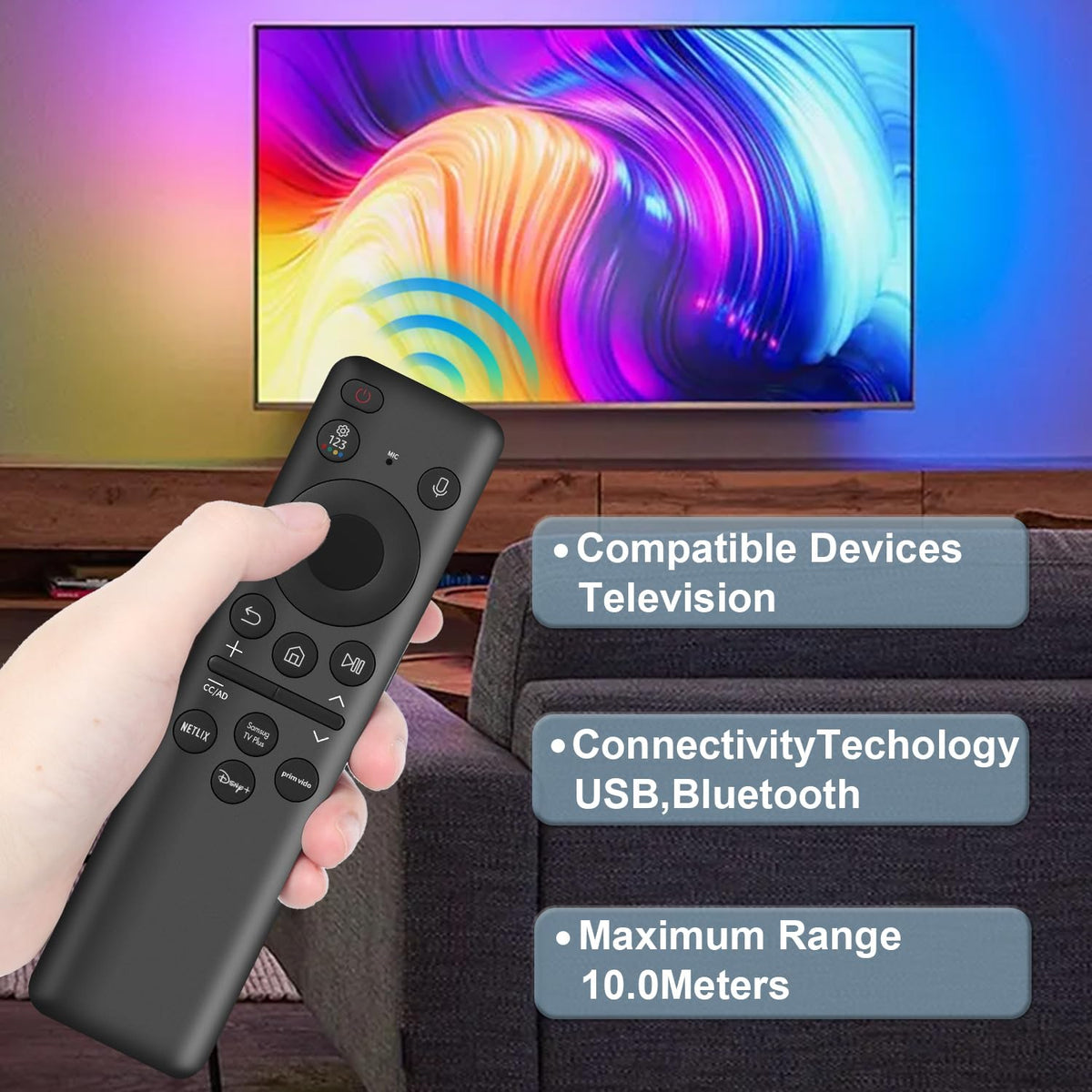 Gvirtue remote paired on Samsung TV screen confirming easy setup and use