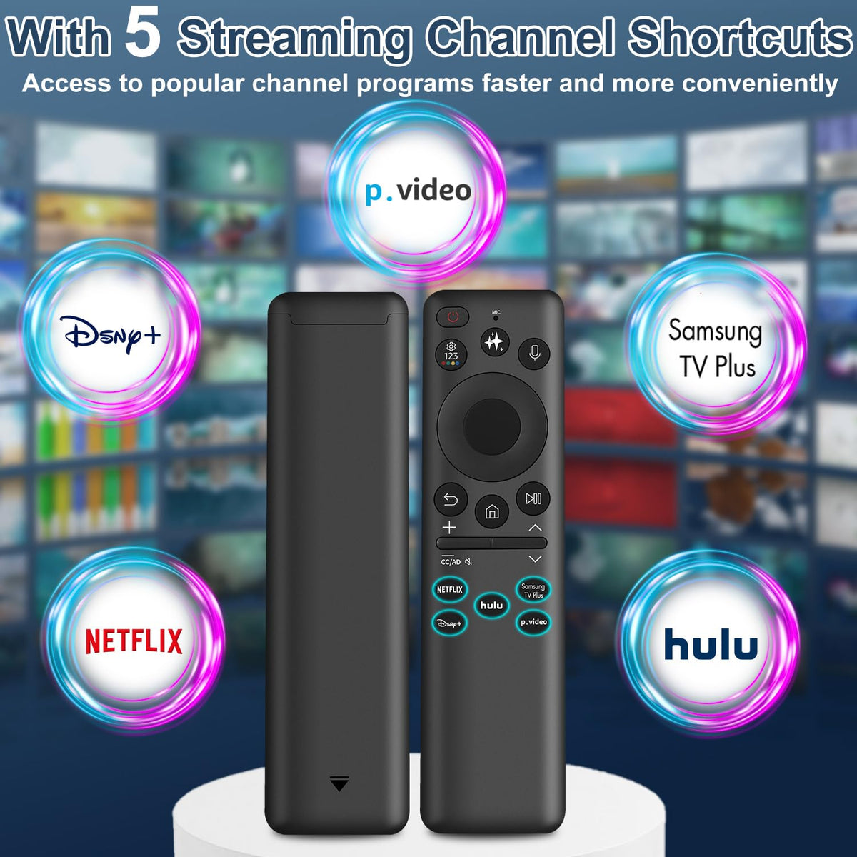 Gvirtue remote with five quick-access shortcuts for Netflix, Disney+, Hulu, Prime Video.