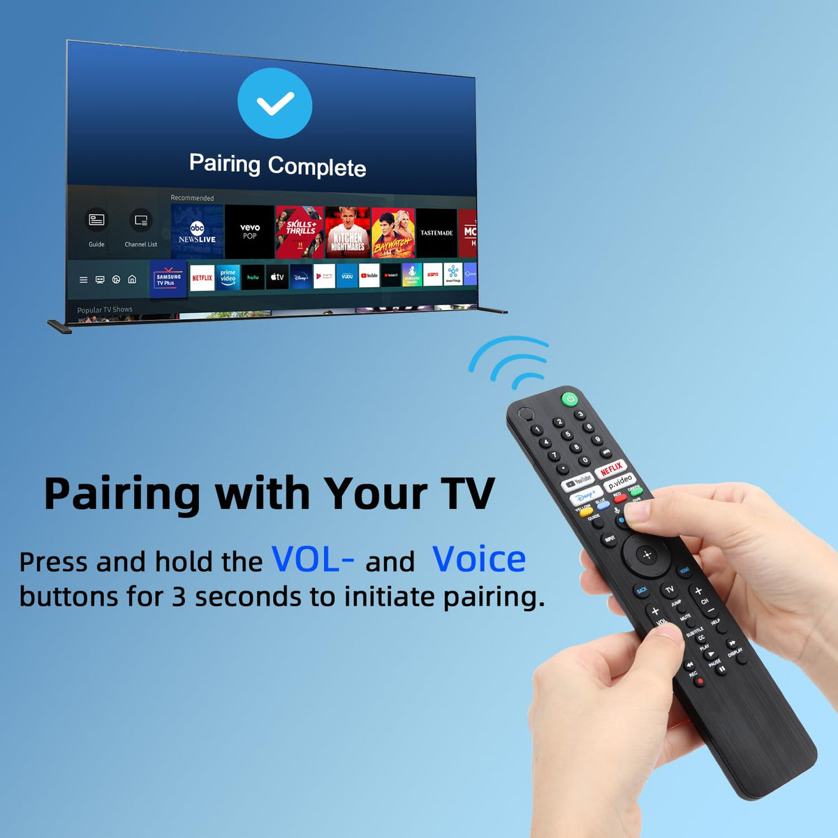 Pairing step image shows 3-second hold to sync with TV