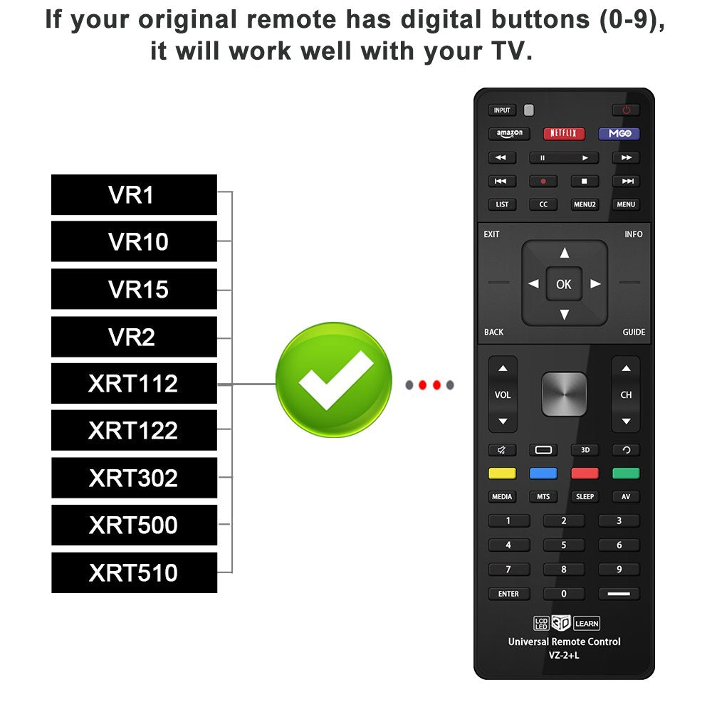 Gvirtue universal remote out of the box with no programming required for many Vizio models