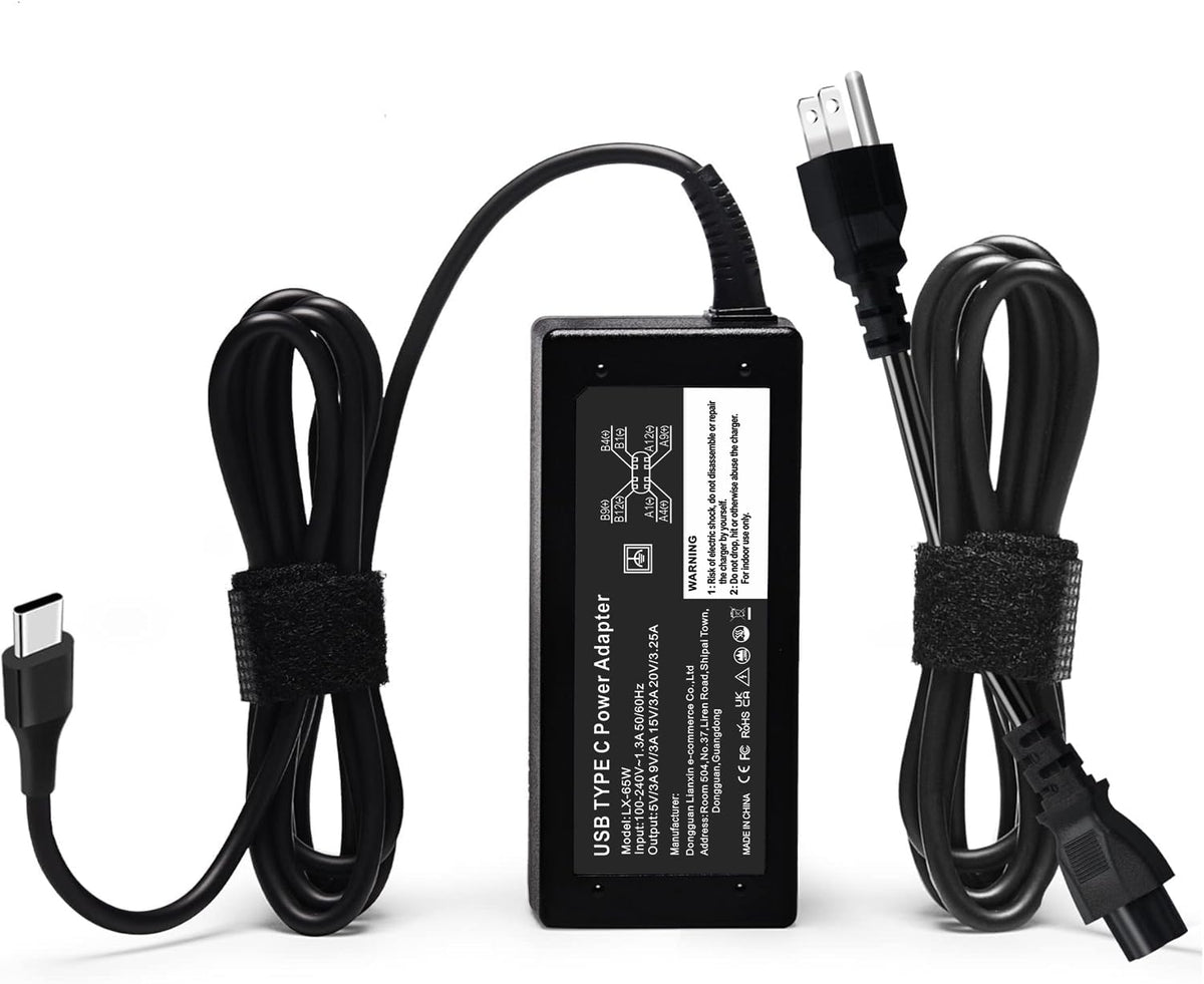 GVKRLXZ 65W USB-C charger on desk powering a Dell laptop reliably