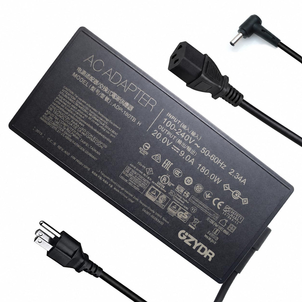 GZYDR adapter front view showing compact brick and cooling vents, reliable power delivery