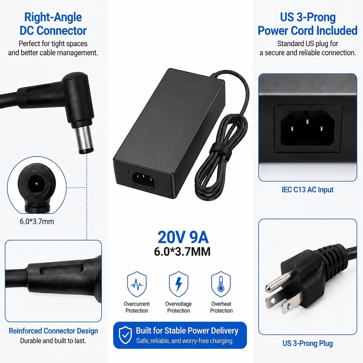 GZYDR adapter label showing 20V 9A specs, clear compatibility and safety info