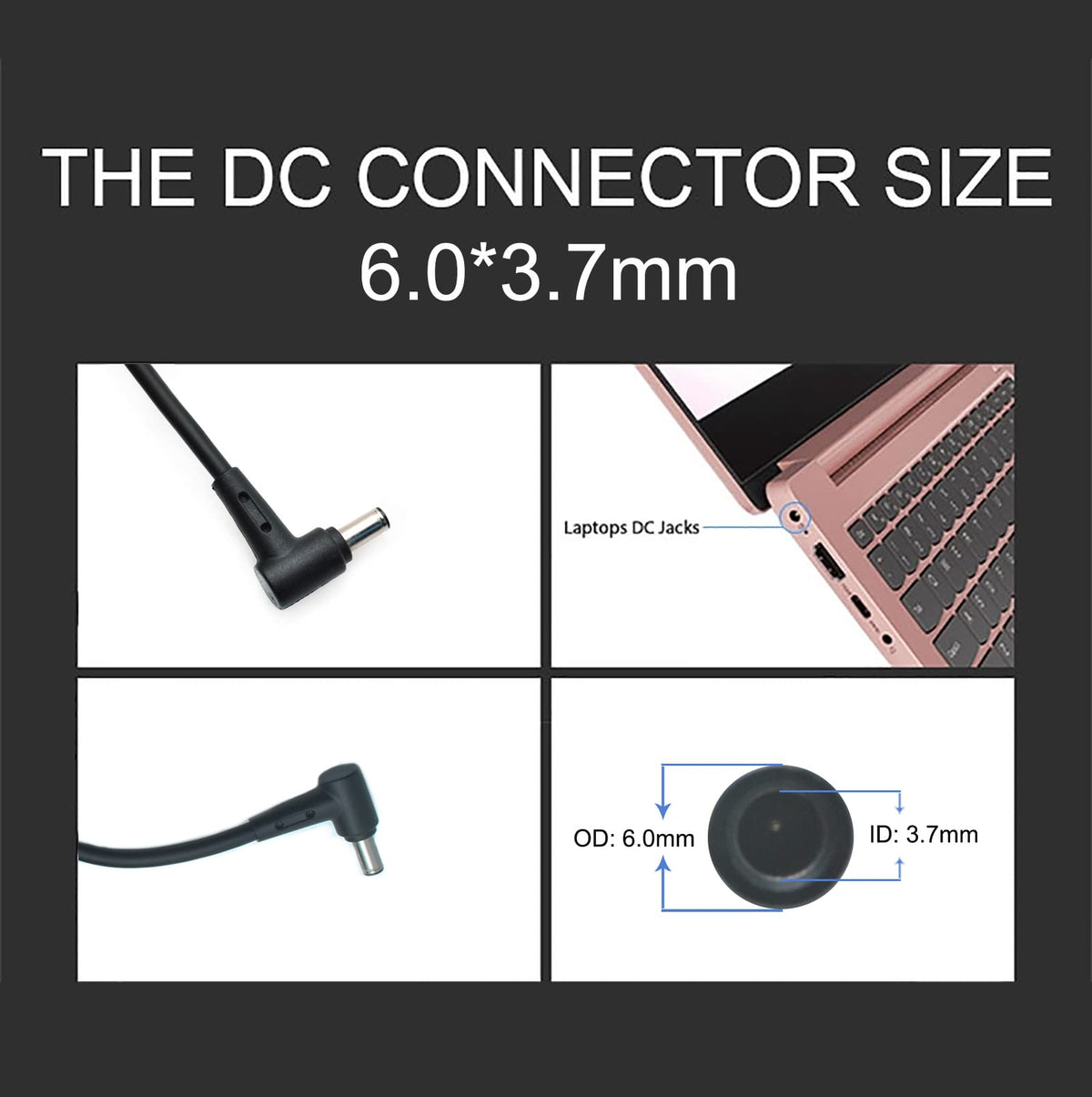 GZYDR 6.0x3.7mm DC plug close-up demonstrating precise fit and durability