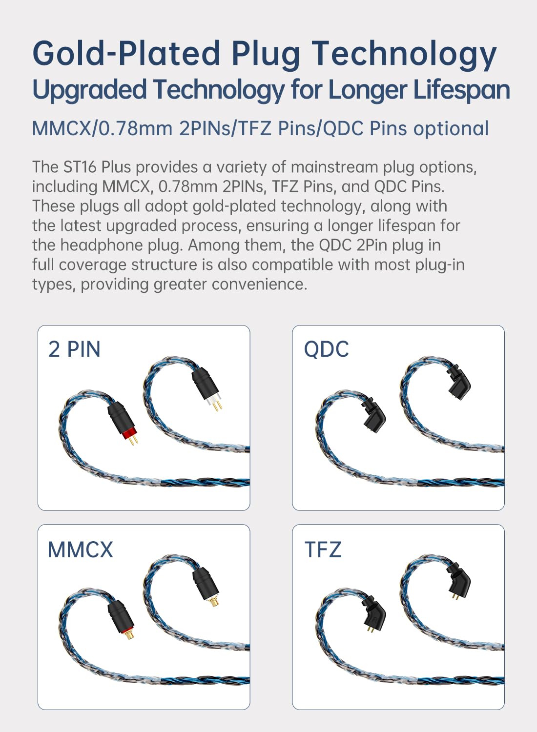 H HIFIHEAR KBEAR ST16 Plus QDC 2Pin connector close-up showing robust contact and stability