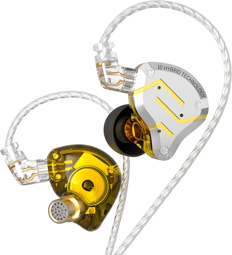 H HIFIHEAR KZ ZS10 Pro front view showing gold finish and premium look benefits clarity