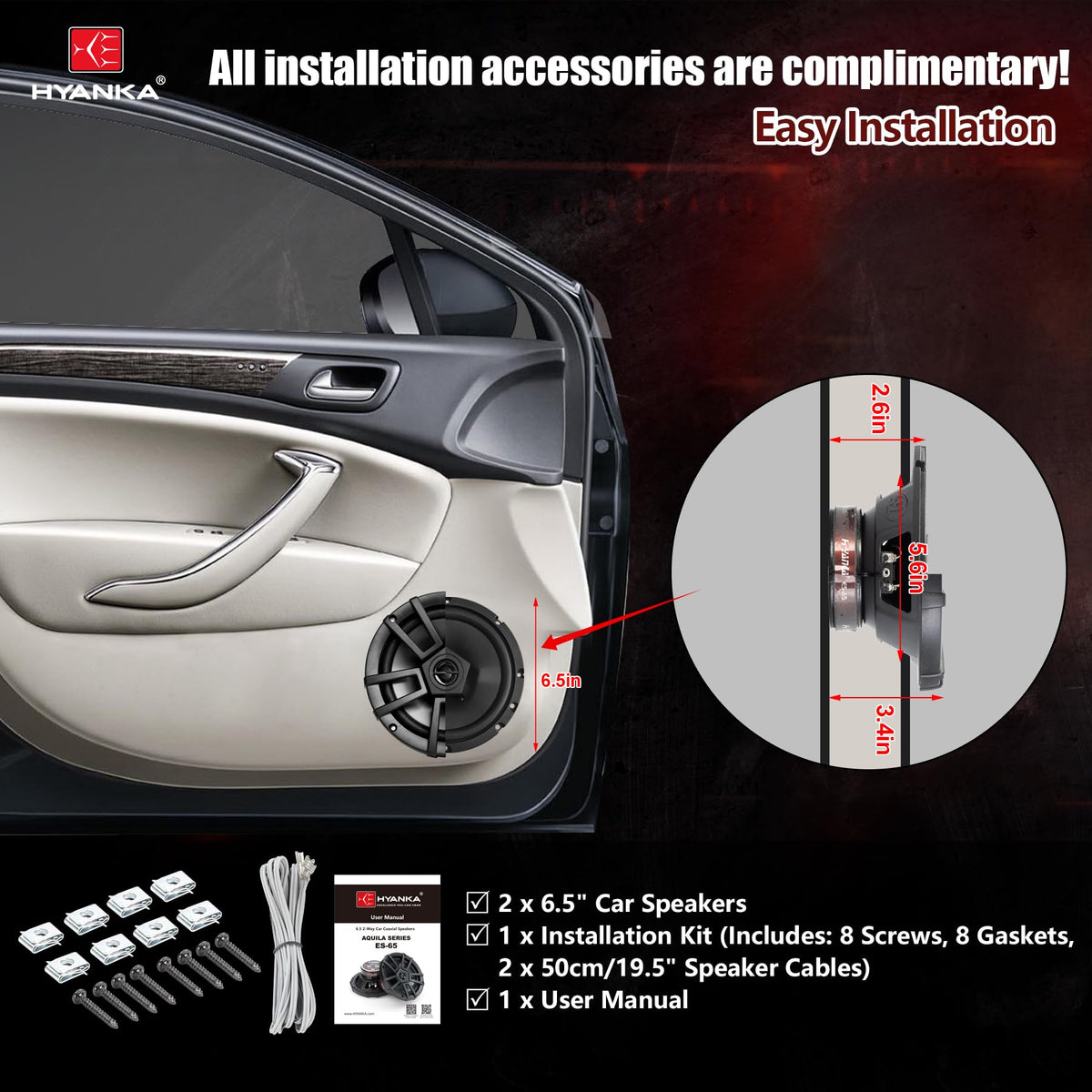 H YANKA ES-65 packaging and installation kit showing included hardware