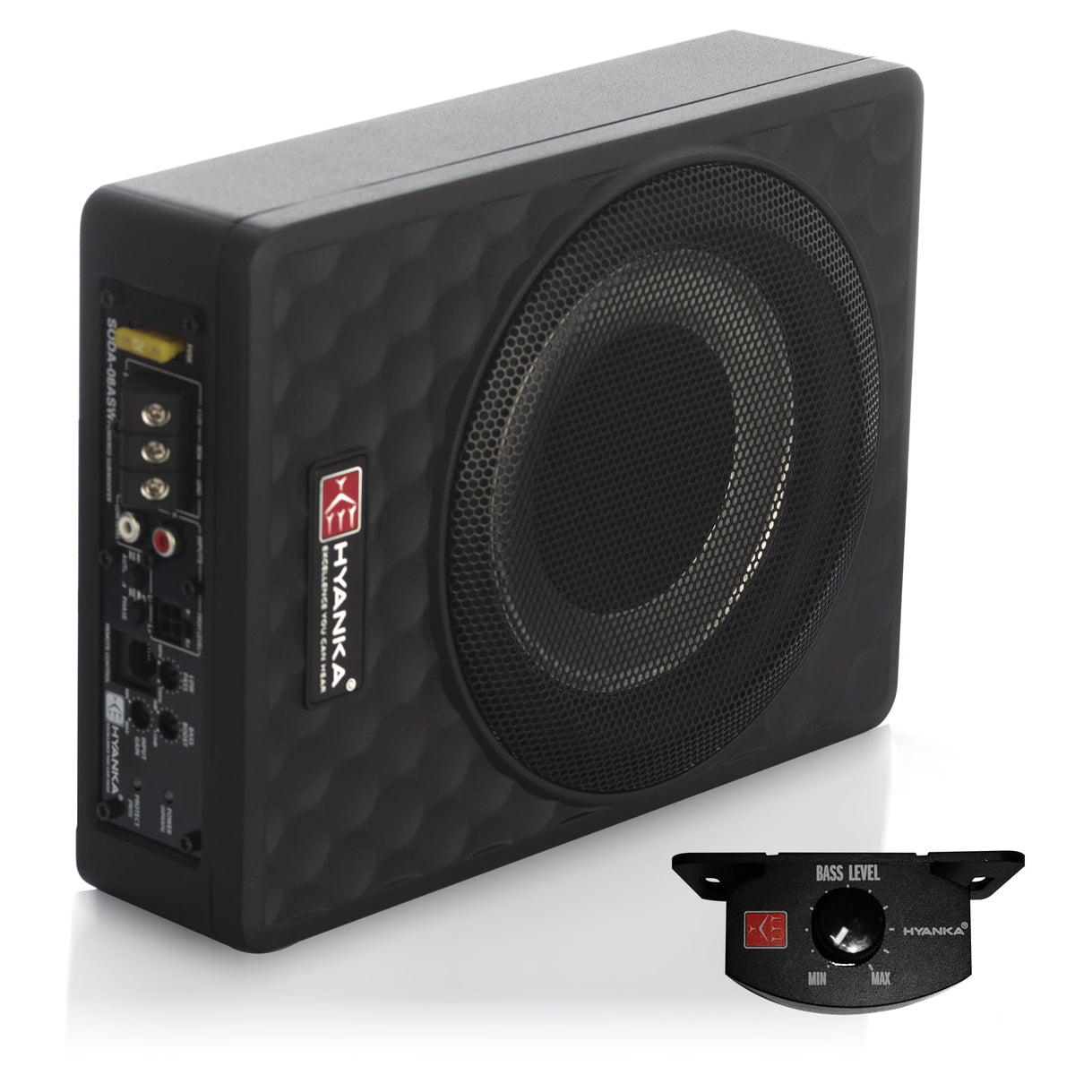H YANKA front view of compact underseat subwoofer showing grille and brand, improves bass
