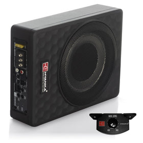 H YANKA front view of compact underseat subwoofer showing grille and brand, improves bass