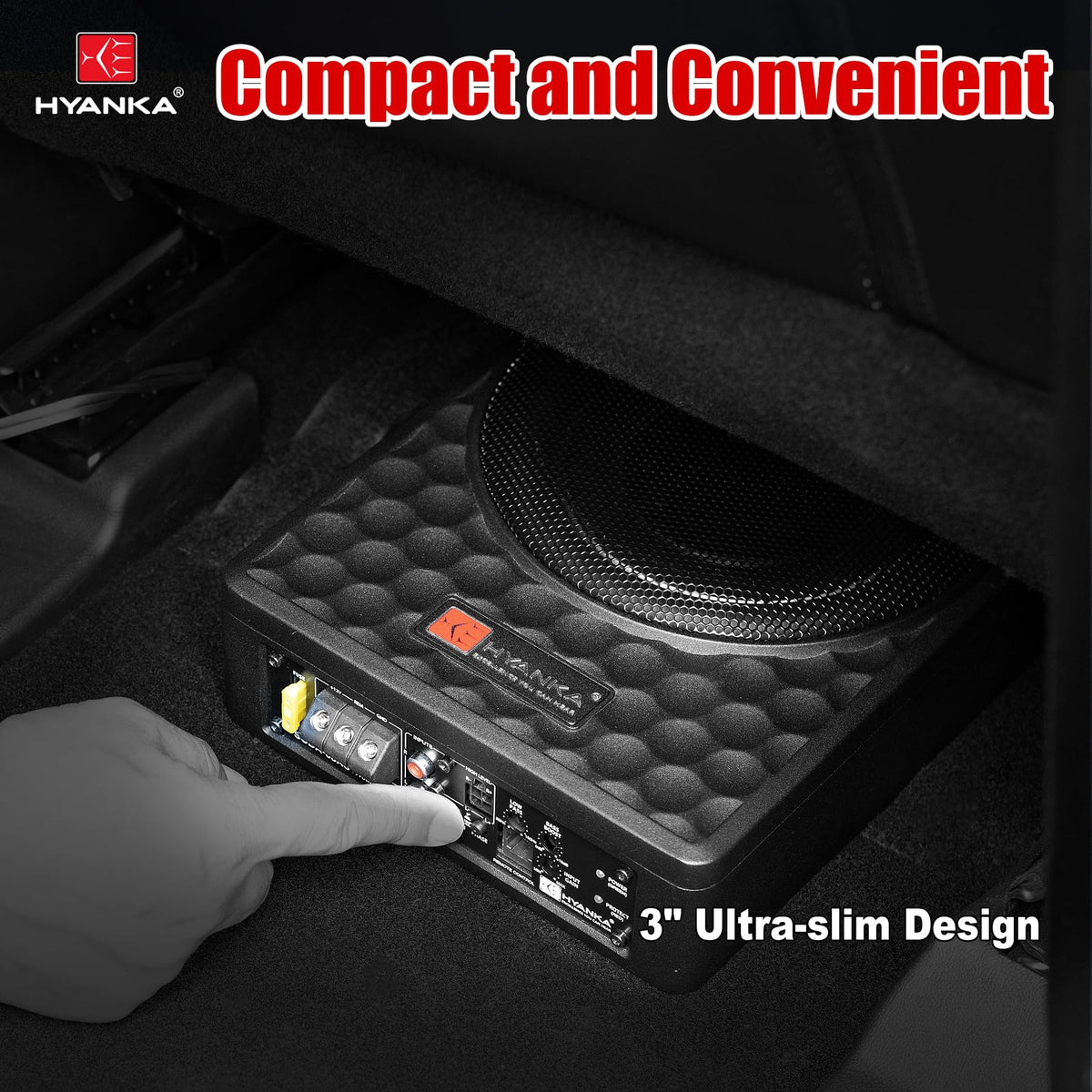 H YANKA subwoofer next to ruler for scale, demonstrates compact dimensions for tight installs