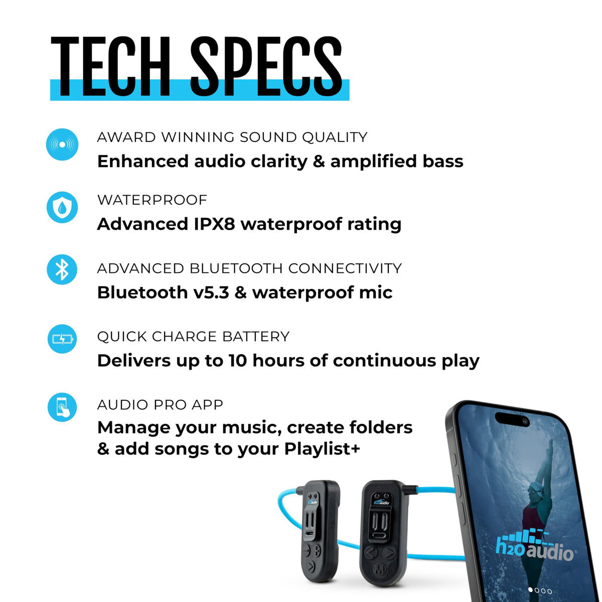 H2O Audio Sonar 2 Pro removable goggle clip keeps headphones secure during laps.