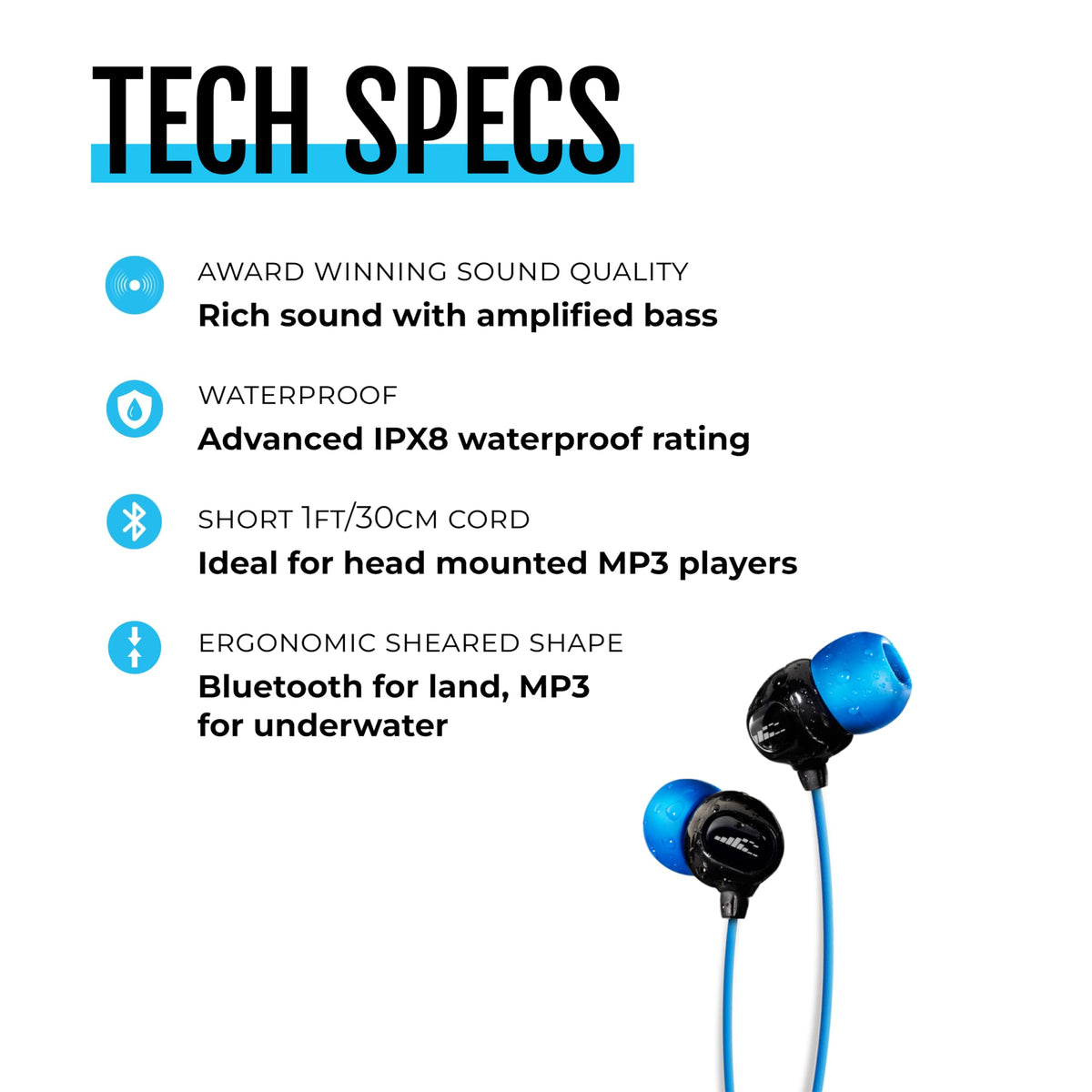 H2O Audio Surge S+ submerged in water demonstrating IPX8 protection