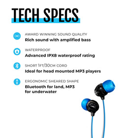 H2O Audio Surge S+ submerged in water demonstrating IPX8 protection