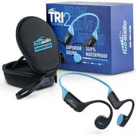 H2O Audio TRI 2 blue headphones with open-ear design for swimming and running.
