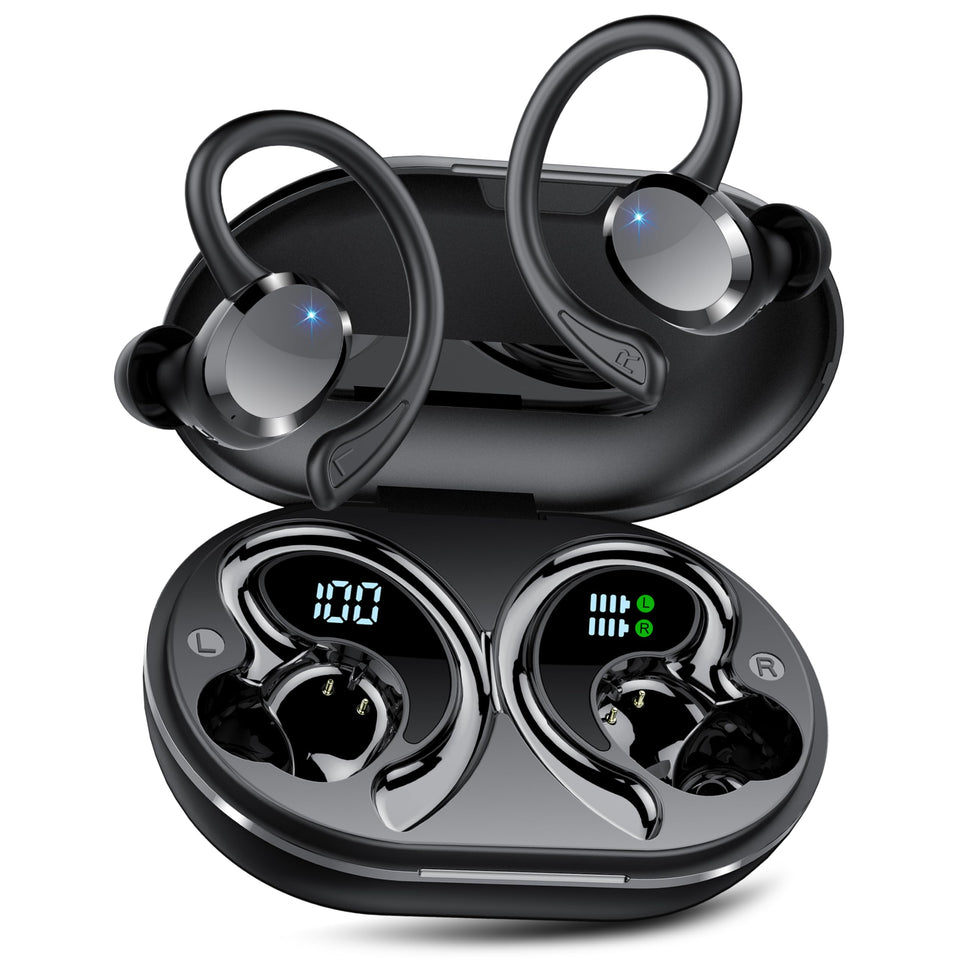 Hadbleng Q38 earbuds in case with dual LED display for quick battery check.