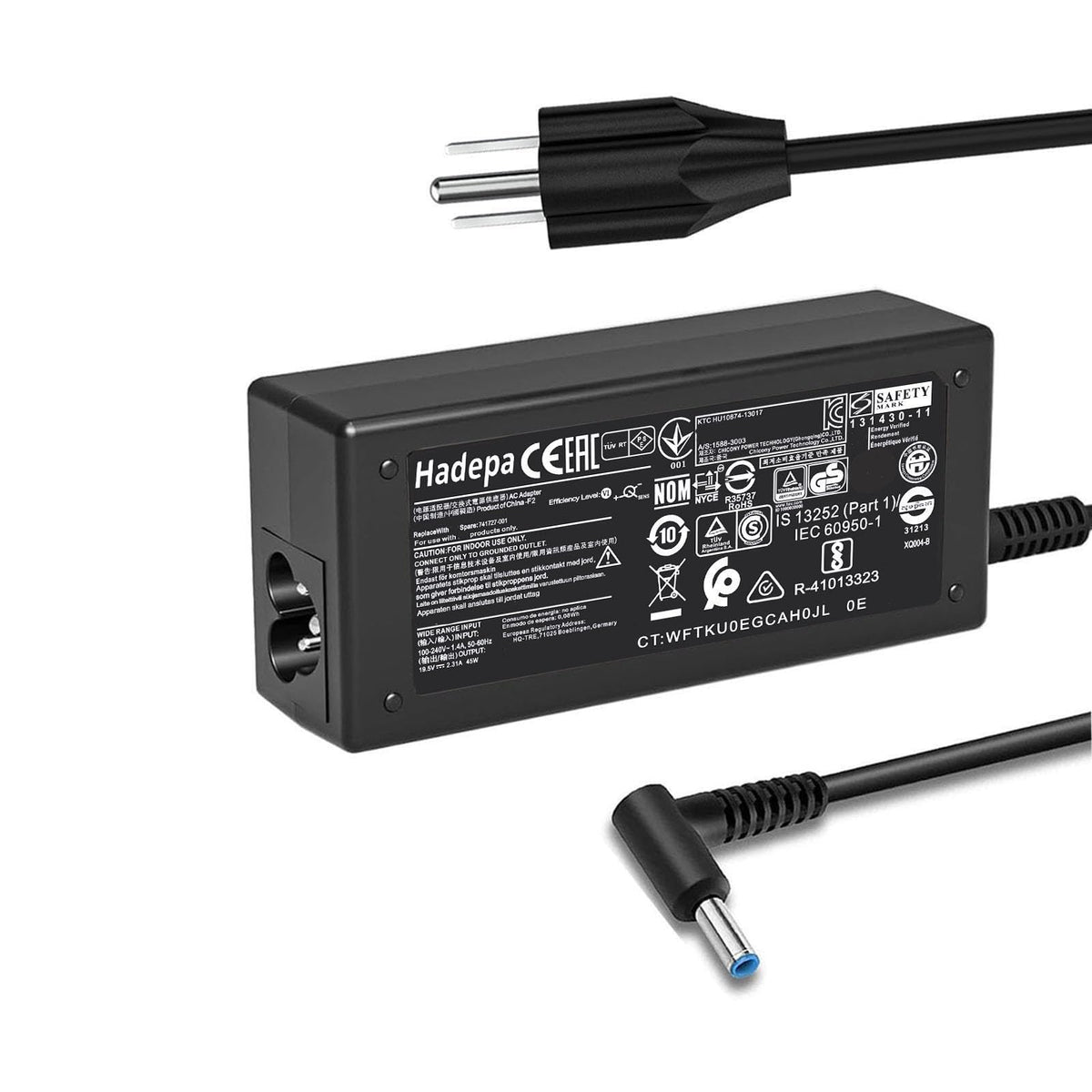 Hadepa 45W blue-tip charger close-up for reliable notebook power on the go