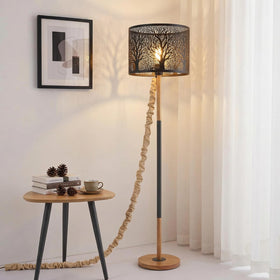 Hahafelt living room cable management with burlap sleeve