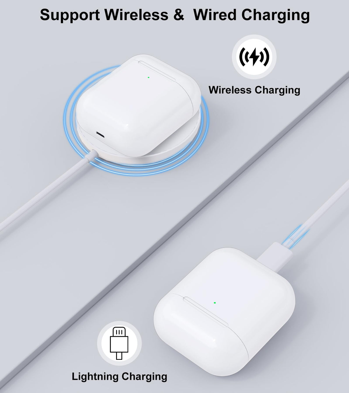 Haino AirPods sync-button close-up shows quick Bluetooth pairing for easy setup.