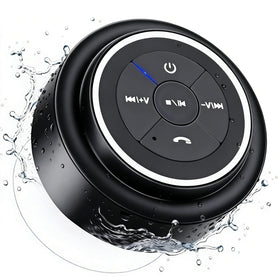 HAISSKY Bluetooth shower speaker with suction cup on glass for hands-free listening.