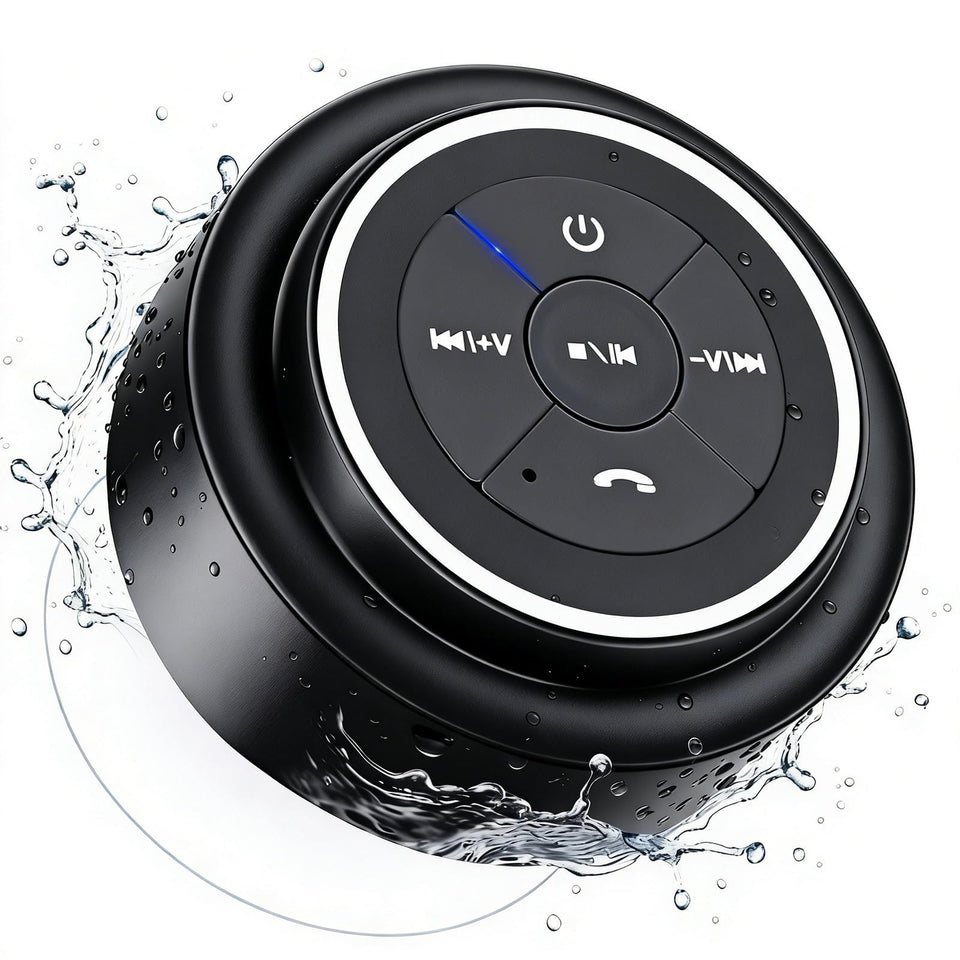 HAISSKY Bluetooth shower speaker with suction cup on glass for hands-free listening.