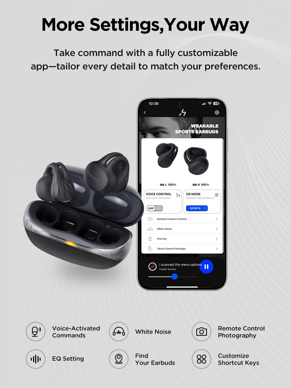 HAKII earbuds with water splashes showing IPX5 sweat protection benefit
