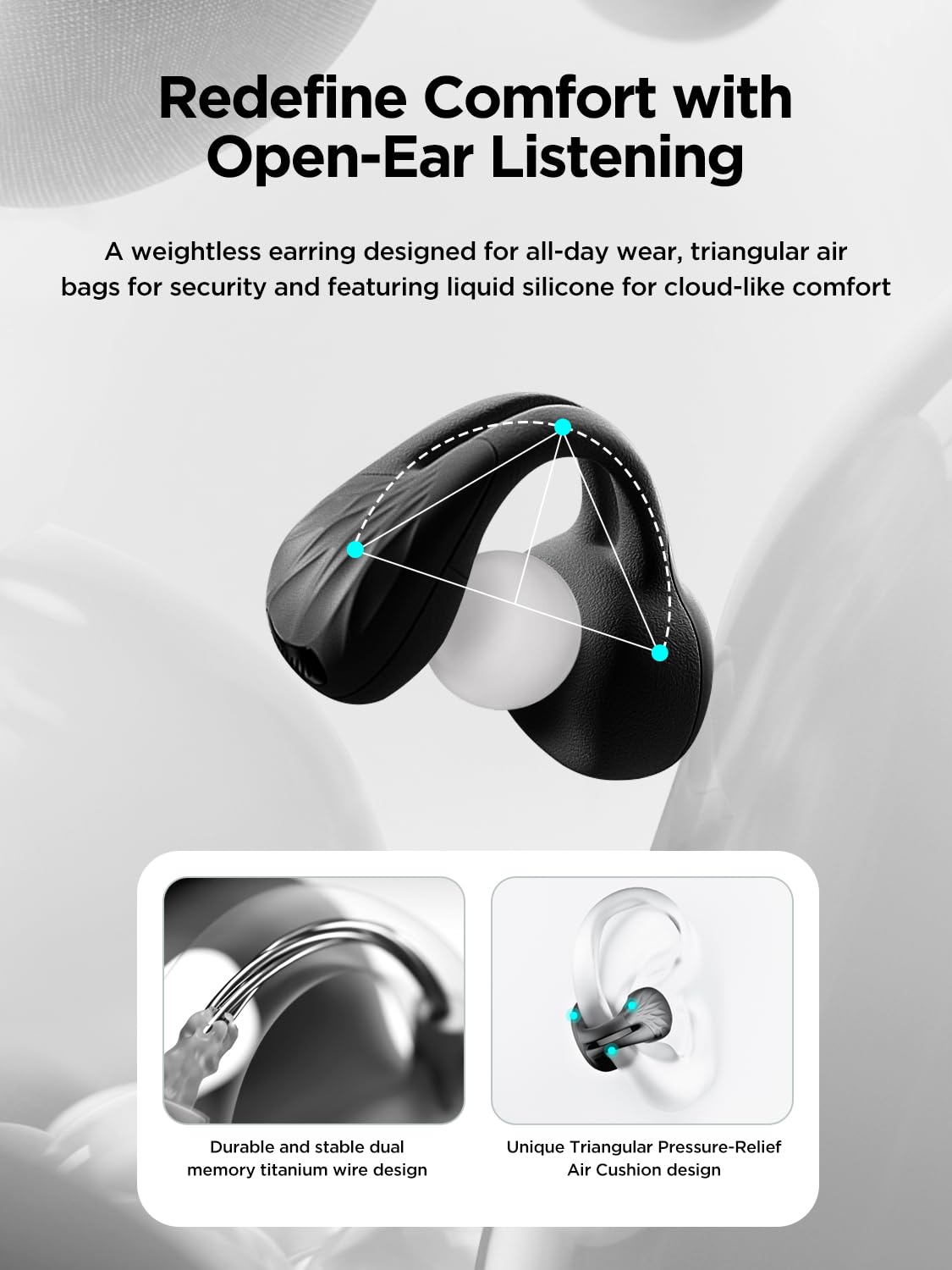 HAKII side profile clip-on earbud on ear demonstrating comfort benefit