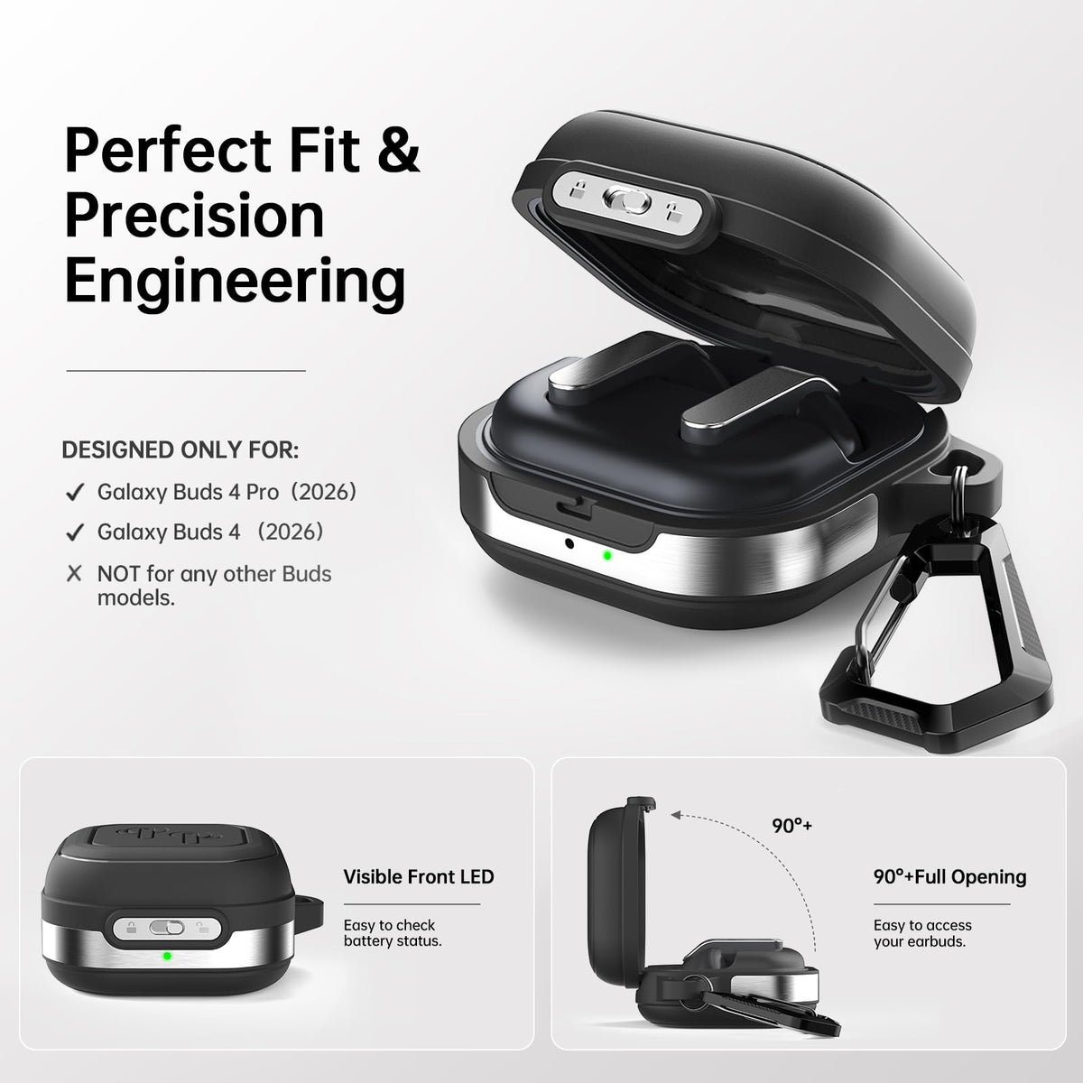 HALLEAST Galaxy Buds 4 Case showing 90-degree opening for quick access.