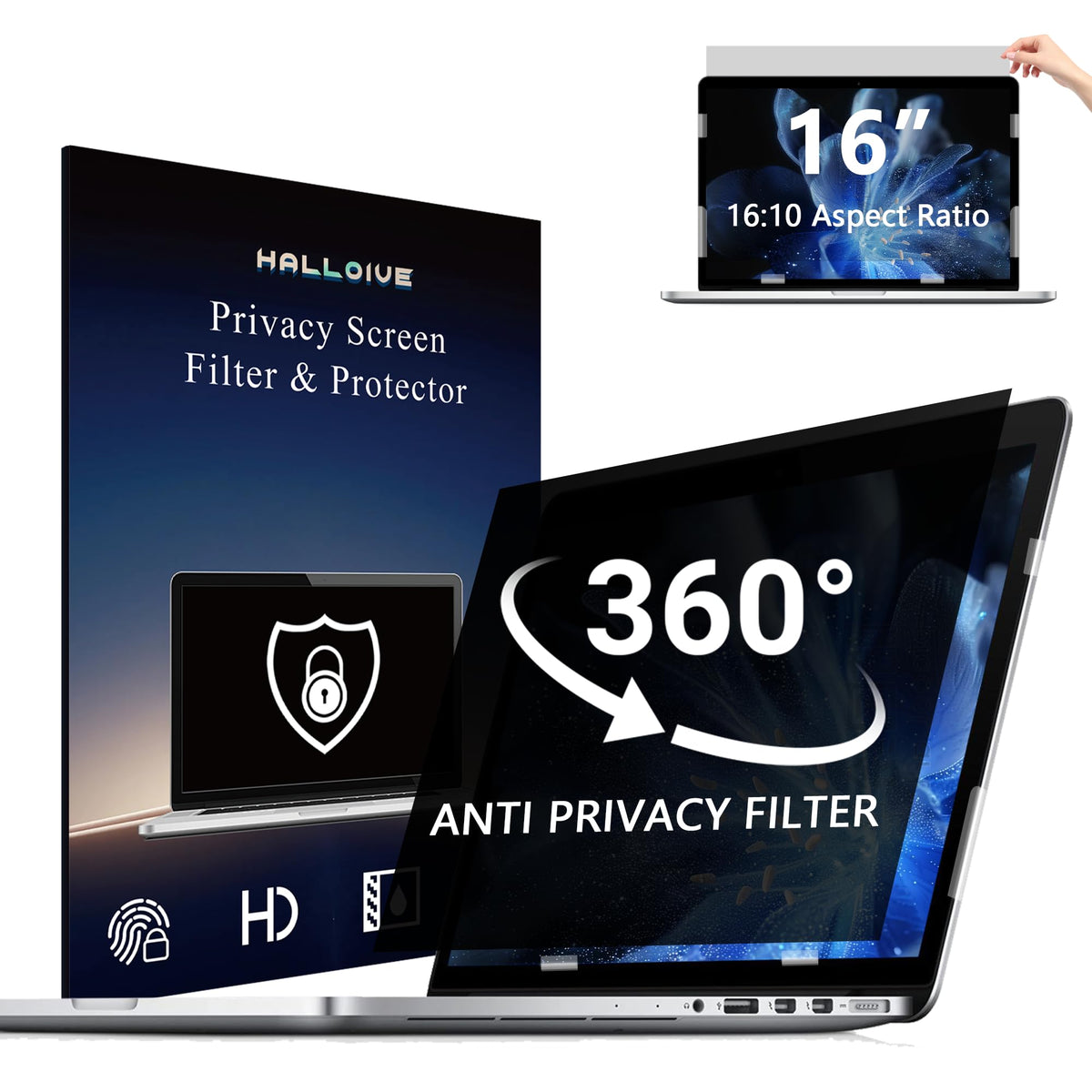Halloive 4-Way Privacy Screen on a 16-inch laptop, front view showing privacy from side use case