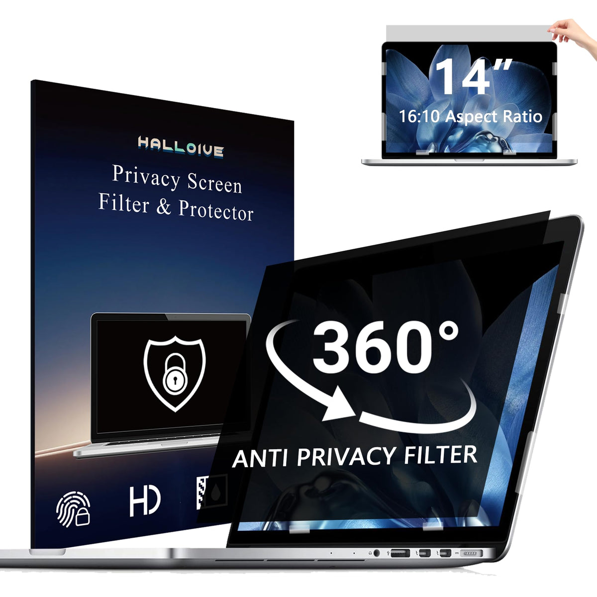 Halloive 4-Way privacy screen on a 14-inch laptop for enhanced private viewing