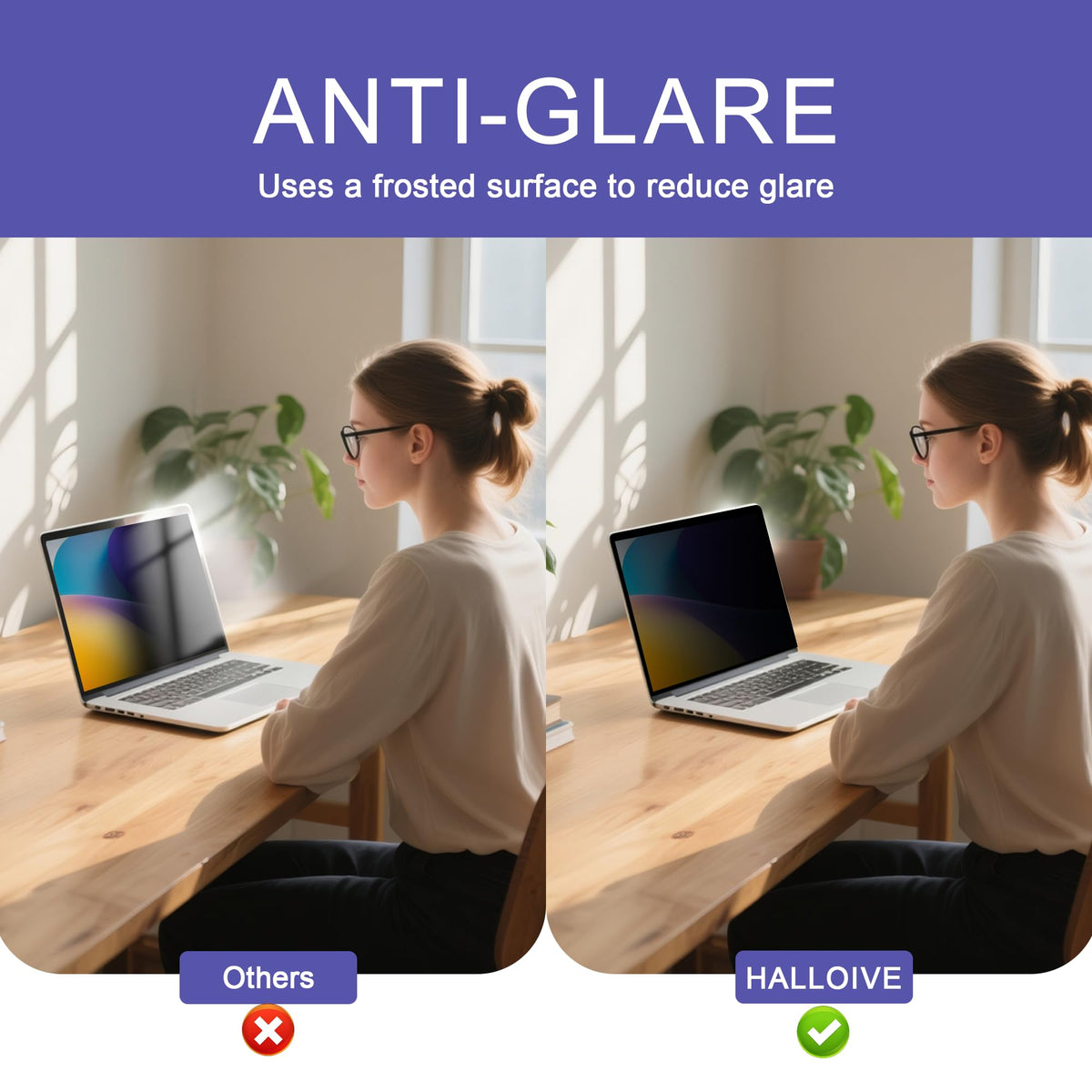 Halloive graphic showing blue-light filter reducing glare for more comfortable viewing