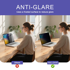 Halloive graphic showing blue-light filter reducing glare for more comfortable viewing