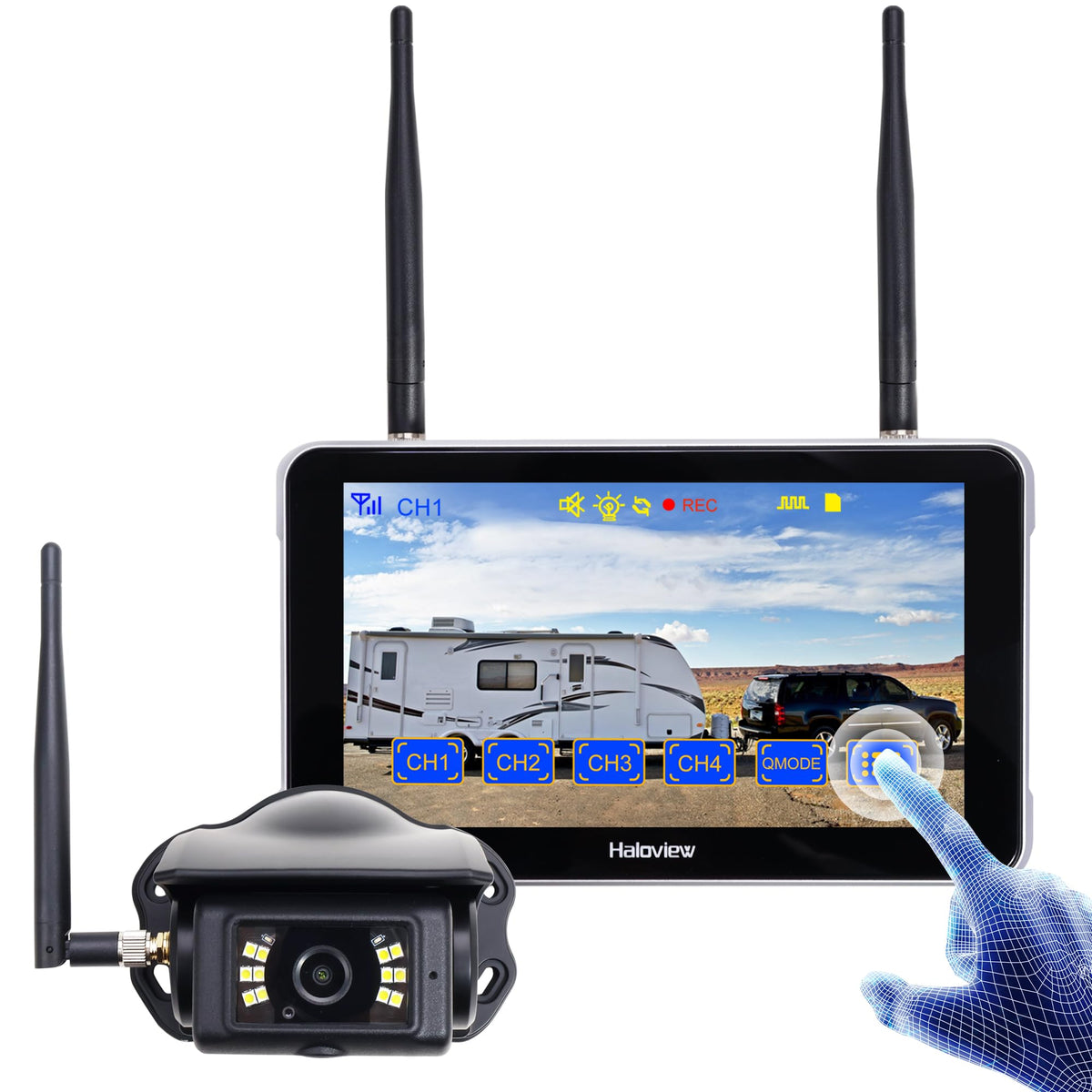 Haloview BT7 7-inch touch screen shows clear RV rear view