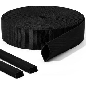 Hanaive front view of 26 ft black hose sleeve showing full coiled length and benefit of full-coverage protection