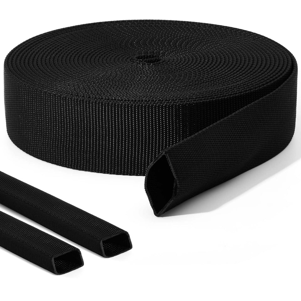 Hanaive front view of 26 ft black hose sleeve showing full coiled length and benefit of full-coverage protection