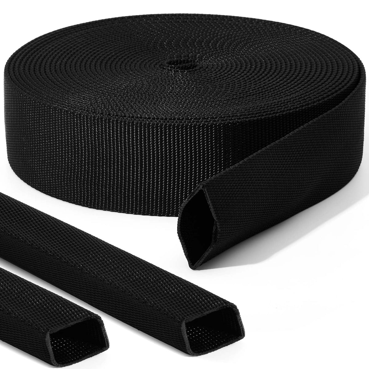Hanaive front view of black nylon sleeve showing length and finish, protecting cables