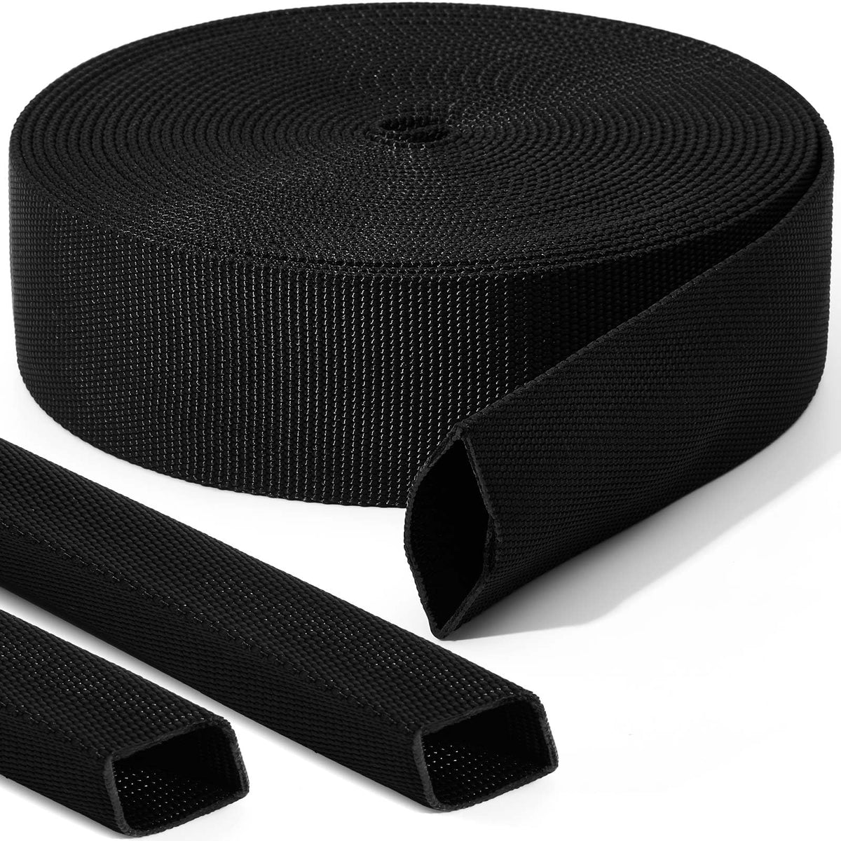 Hanaive front view of 26 ft black sleeve showing product length and neat packaging, protects cables
