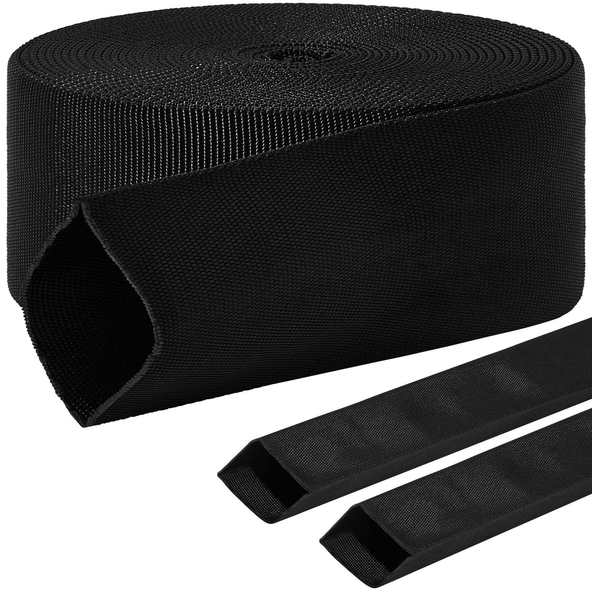 Hanaive front view of 26ft black protective sleeve showing full coil and label benefits
